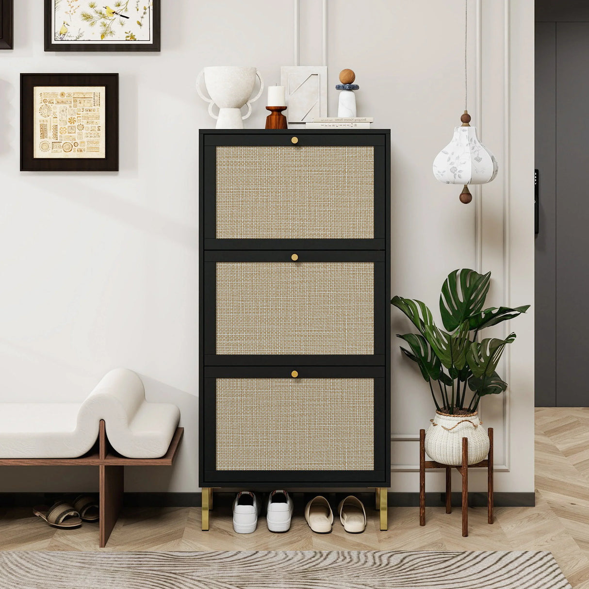 Rattan 3 Door Shoe Rack, Freestanding Modern Shoe Storage Cabinet, for Entryway - Furniture Home Direct