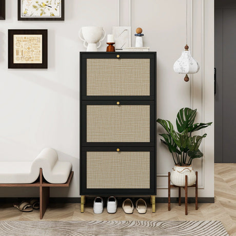 Rattan 3 Door Shoe Rack, Freestanding Modern Shoe Storage Cabinet, for Entryway - Furniture Home Direct