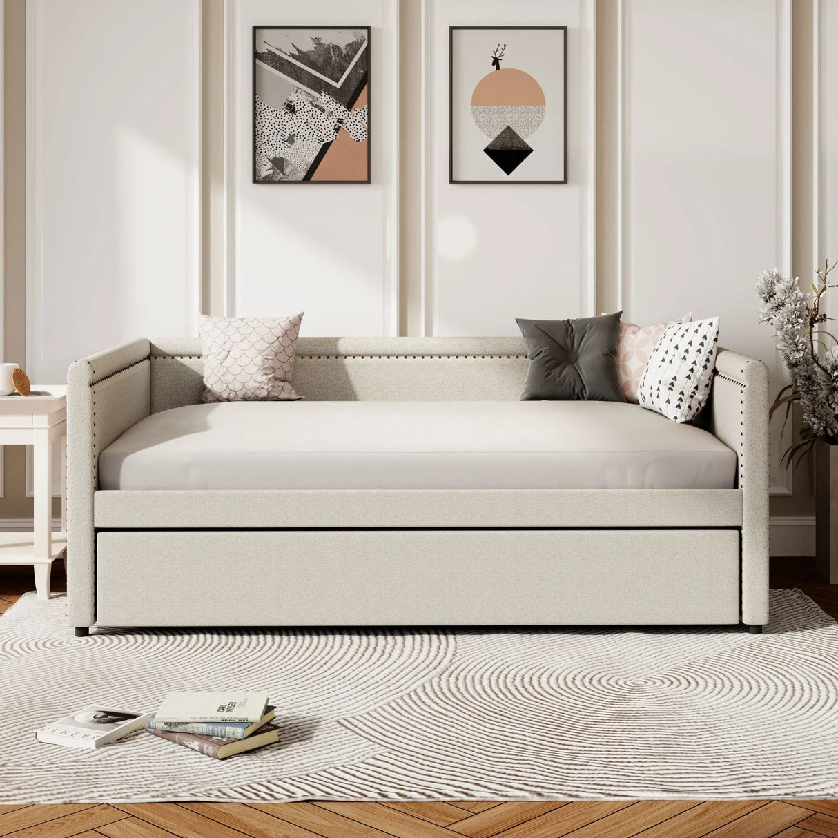 Modern Style Upholstered Daybed With Trundle For Guest Room, Small Bedroom
