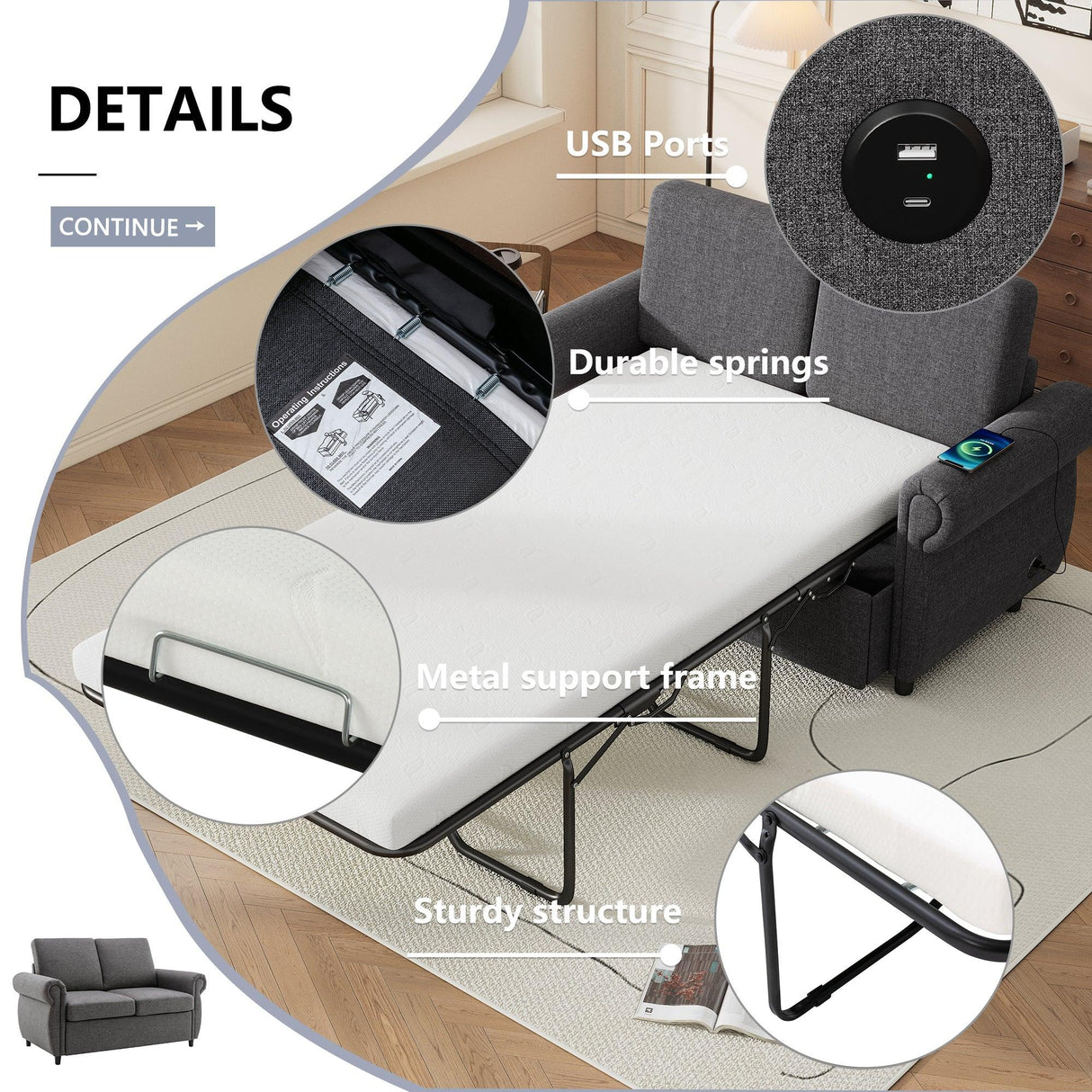 Sleeper Sofa With Twin Size Memory Mattress With Two USB Ports - Gray - Furniture Home Direct
