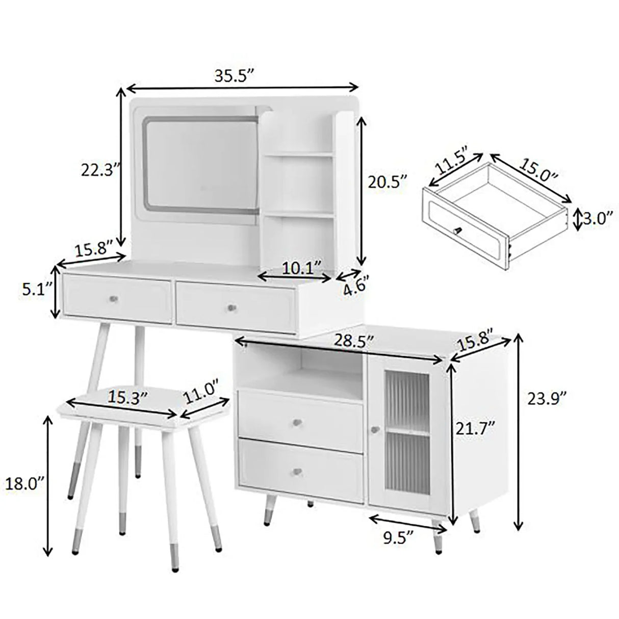 Modern Makeup Vanity Desk With Mirror And Lights Retractable Design Engineered Wood - Black - Furniture Home Direct