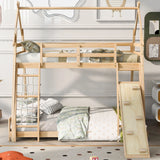 Twin Over Queen House Bunk Bed With Climbing Nets And Climbing Ramp - Furniture Home Direct