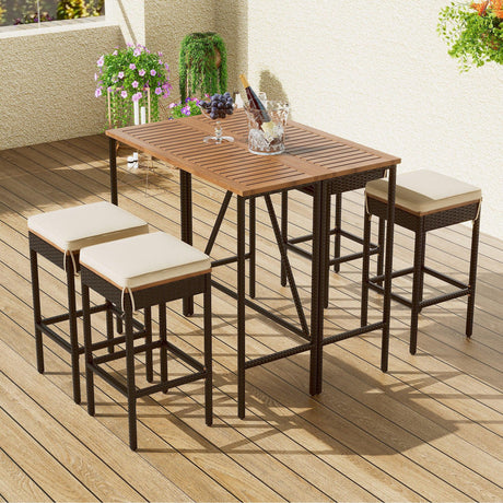 Outdoor Acacia Wood Bar Height Table And Eight Stools With Cushions - Furniture Home Direct
