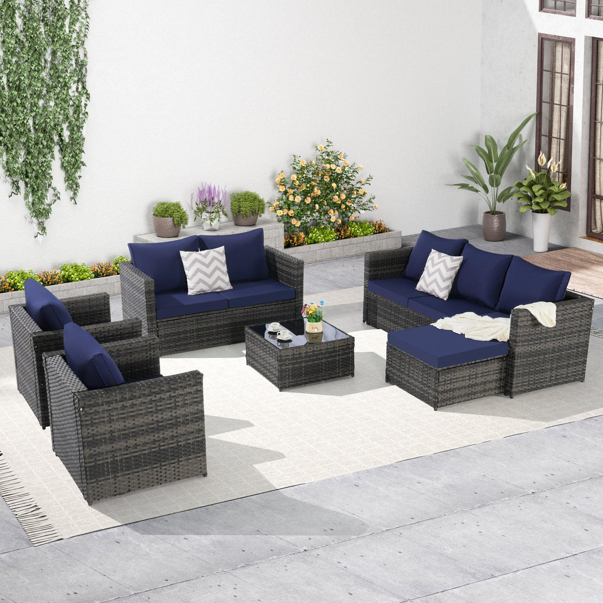 6 Piece Patio Wicker Set With Glass Table - Furniture Home Direct