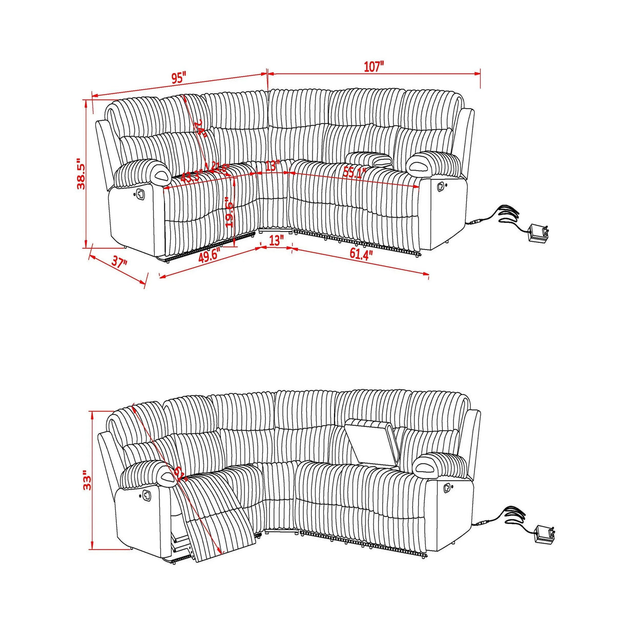 Bruni - Sectional Sofa With LED Lighting And Manual Recline - Gray - Furniture Home Direct