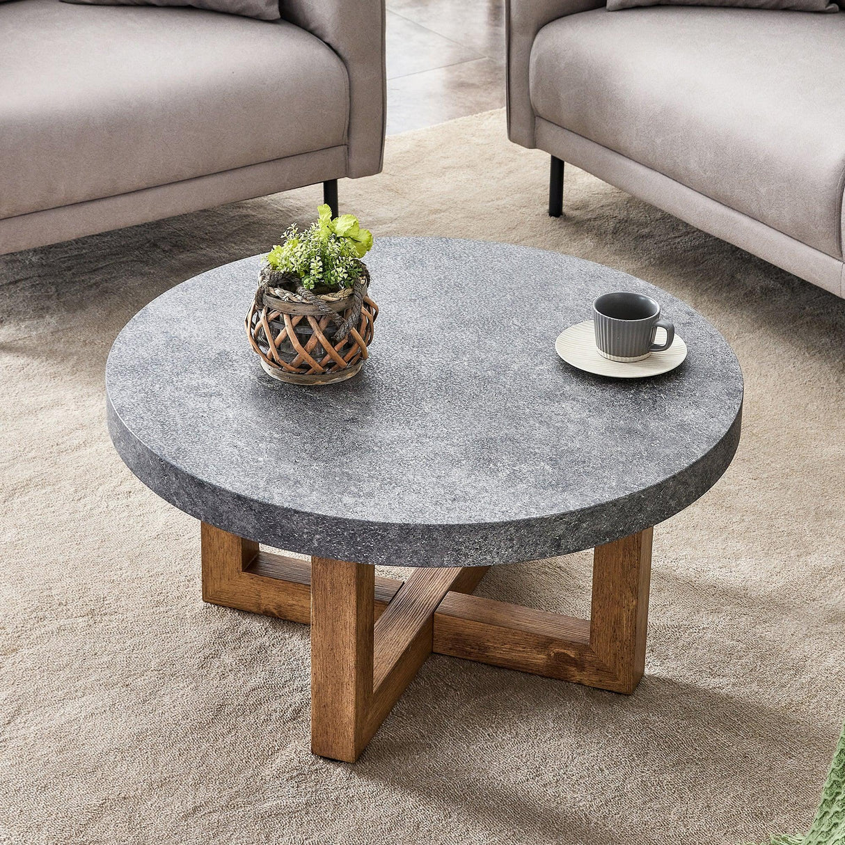 Coffee Table Round Stone Finish Wood Base Contemporary Gray - Furniture Home Direct