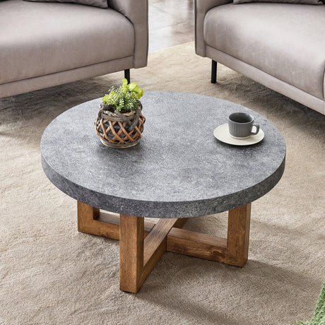 Coffee Table Round Stone Finish Wood Base Contemporary Gray - Furniture Home Direct