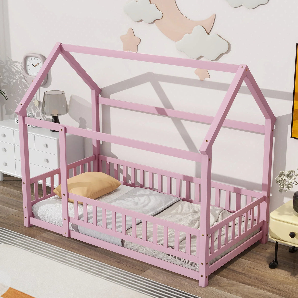 Floor Wooden Bed With House Roof Frame, Fence Guardrails - Furniture Home Direct