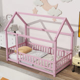 Floor Wooden Bed With House Roof Frame, Fence Guardrails - Furniture Home Direct