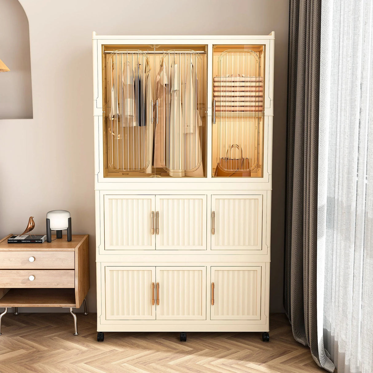 Portable Wardrobe Closet Storage Organizer With 9 Magnetic Doors - Cream White - Furniture Home Direct