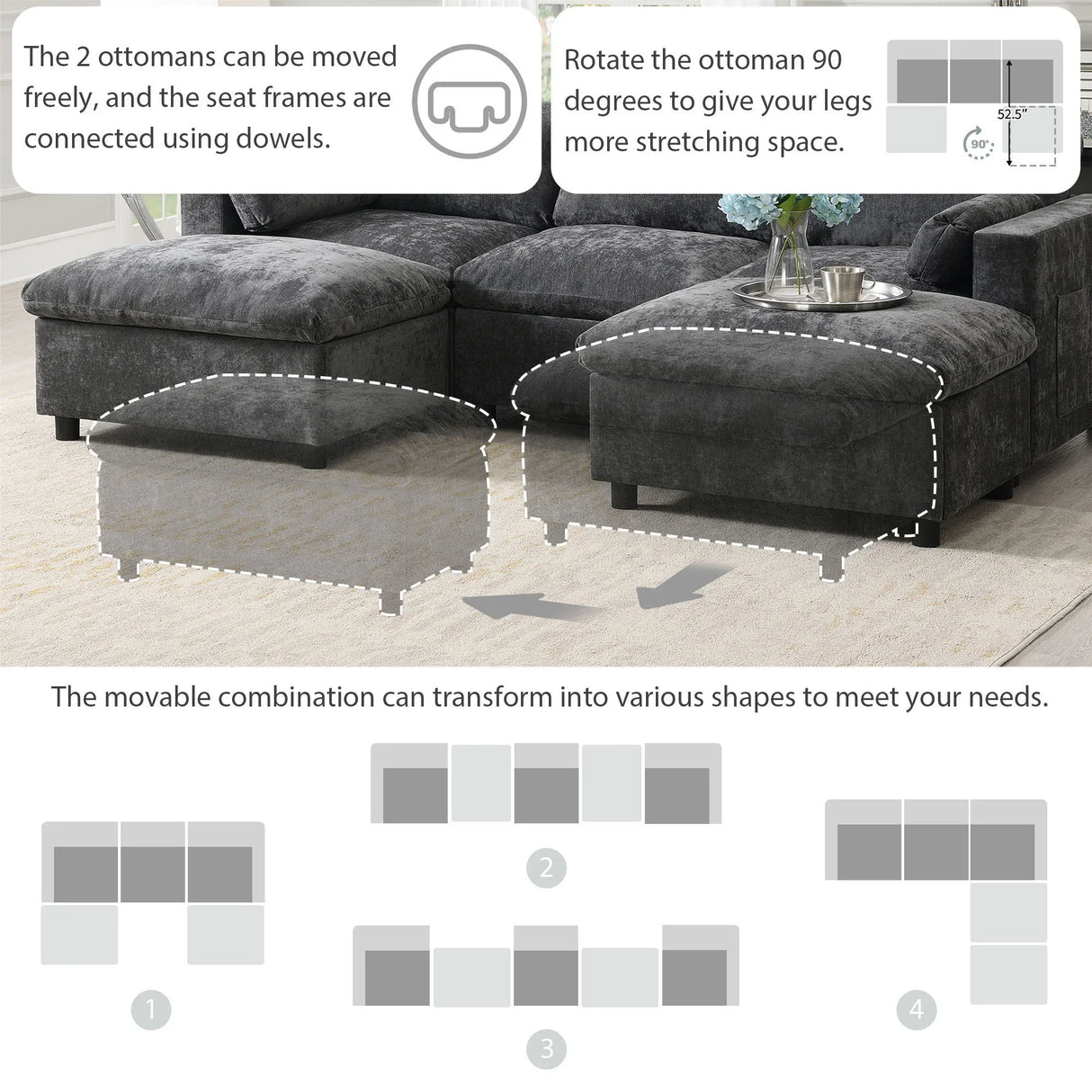 Modular Sectional With Storage Pockets, 5 Seat U Shaped Couch Set With Pillows, Free Combination Modern Cloud Sofa With 2 Movable Ottoman - Furniture Home Direct