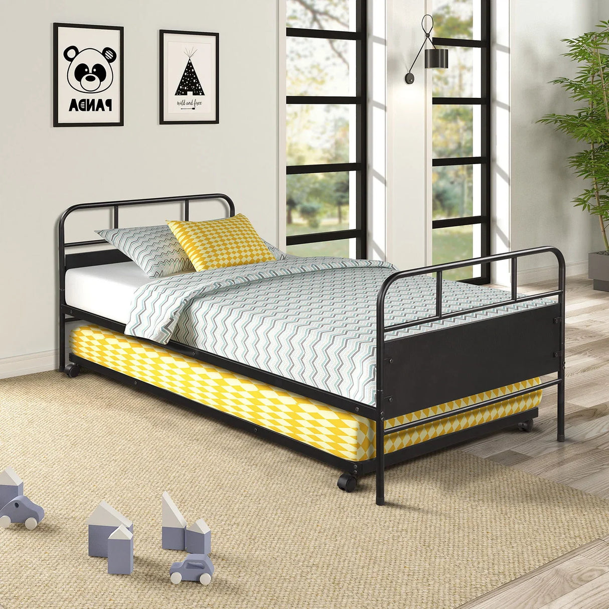 Twin Size Daybed Platform Bed Frame With Trundle Built In Casters - Black - Furniture Home Direct
