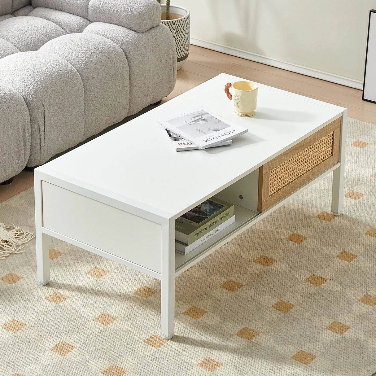 40.16" Rattan Coffee Table, Sliding Door For Storage, Metal Legs, Modern Table For Living Room - Furniture Home Direct