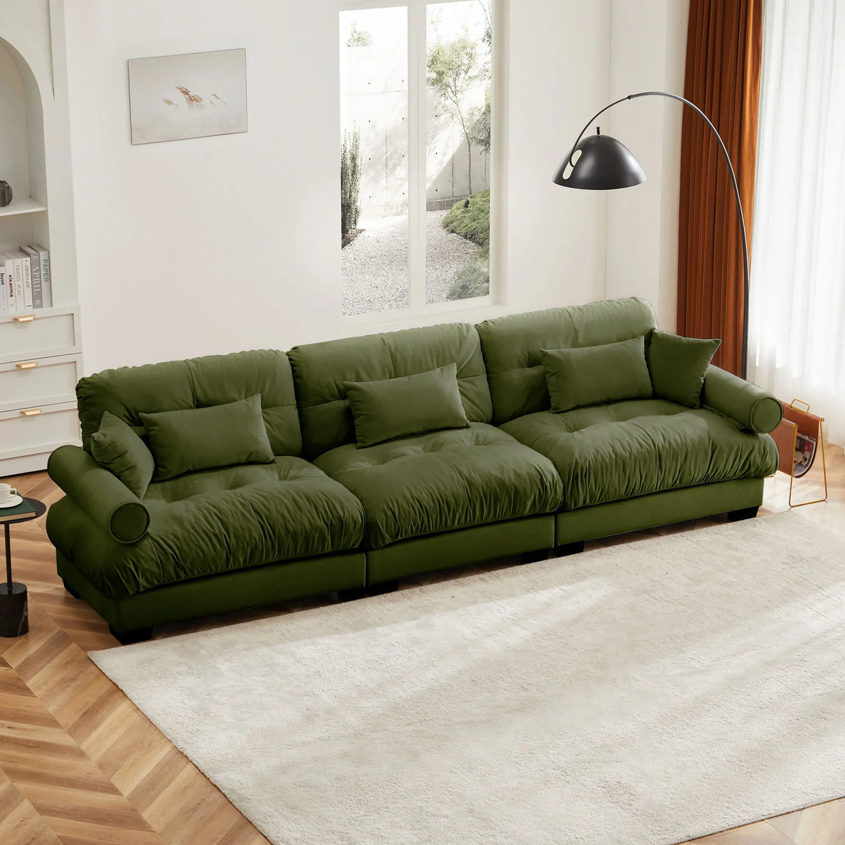 Modern Velvet Sofa With Bolstered Armrests And Pillows - Furniture Home Direct