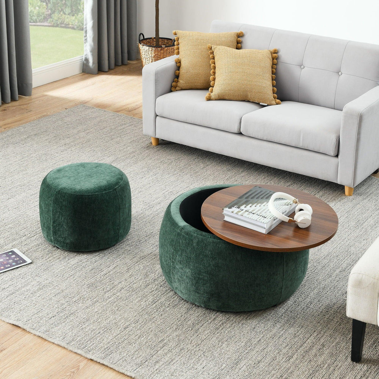 Round Storage Ottoman, 2 In 1 Function, End Table And Ottoman - Furniture Home Direct