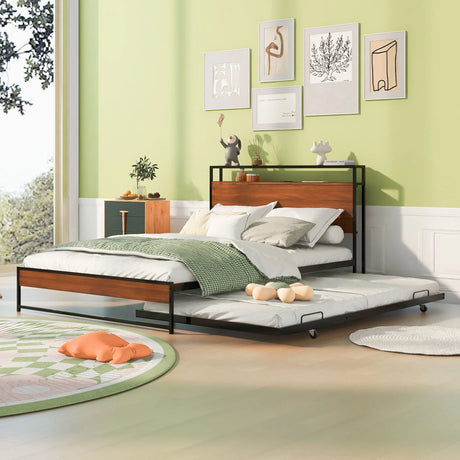 Platform Bed Frame With Trundle, USB Ports And Slat Support, No Box Spring Needed - Furniture Home Direct