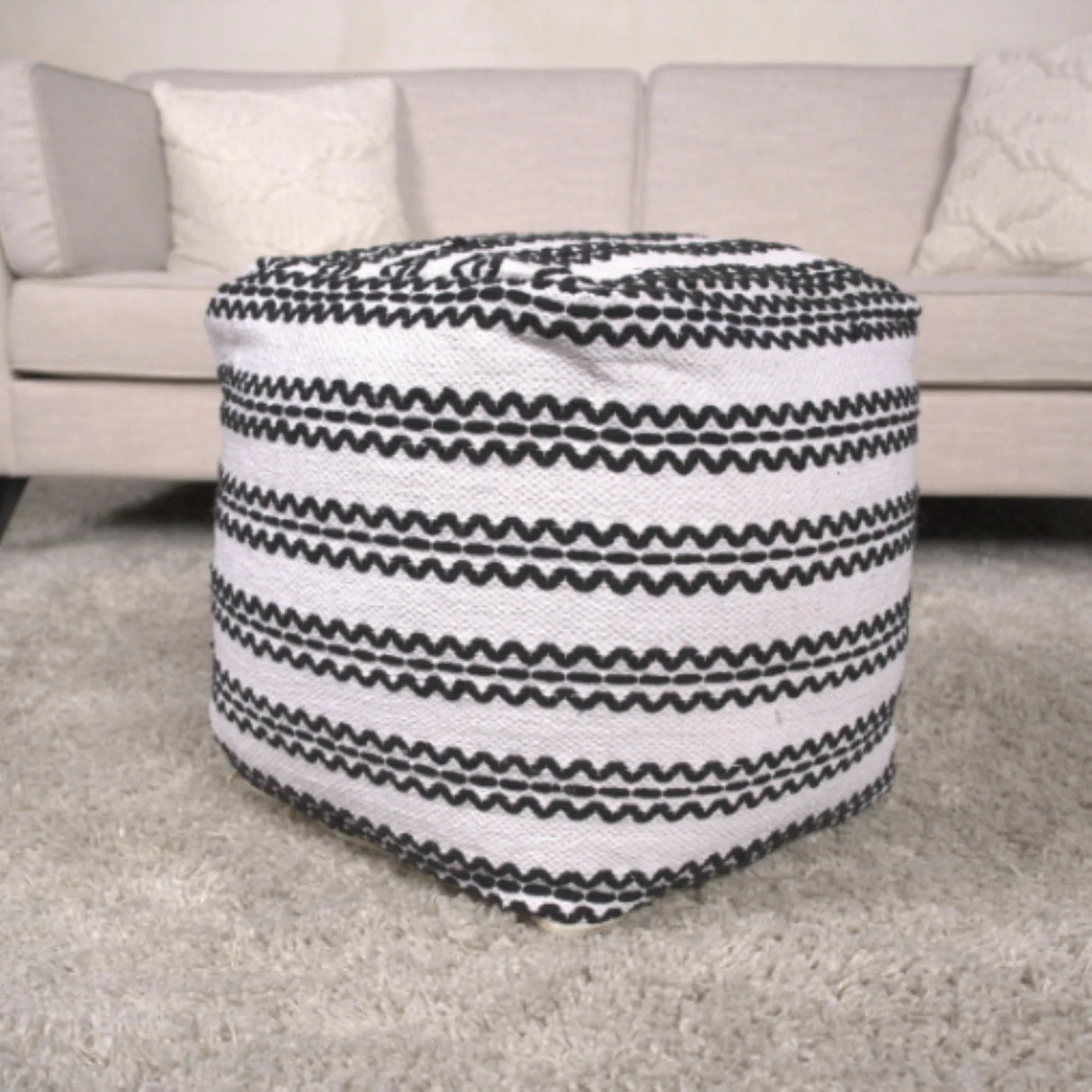 Lani - Handcrafted Fabric Pouf, Durable Cotton Square - Natural / Black - Furniture Home Direct