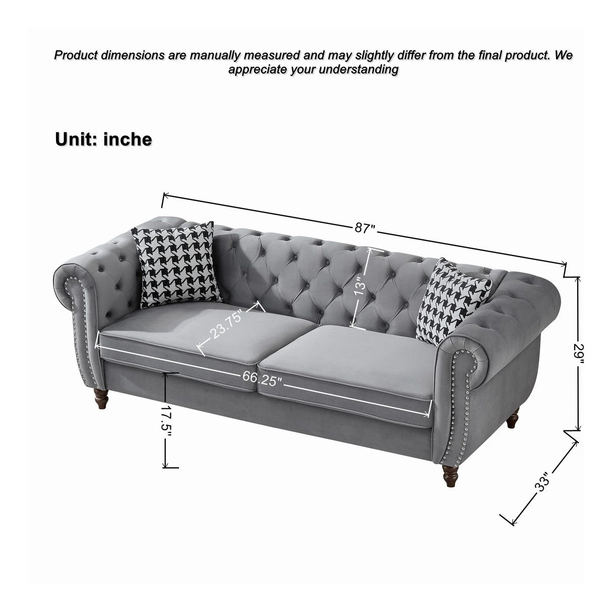 Chesterfield Velvet Upholstery Fabric Sofa With Roll Armrest & Nailhead, Mid Century Modern 3 And 3 Seater Couch - Furniture Home Direct