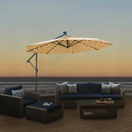 Outdoor Cantilever Patio Umbrella With 32 LED Lights 10 Ft Hanging Design Easy Open Adjustment Metal Frame - Taupe - Furniture Home Direct