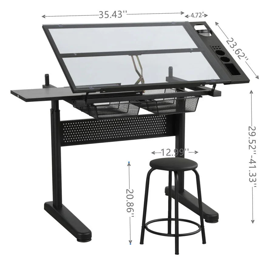 Hand Crank Adjustable Drafting Table Drawing Desk With 2 Metal Drawers With Stool - Furniture Home Direct