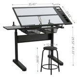 Hand Crank Adjustable Drafting Table Drawing Desk With 2 Metal Drawers With Stool - Furniture Home Direct