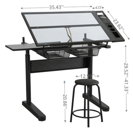 Hand Crank Adjustable Drafting Table Drawing Desk With 2 Metal Drawers With Stool - Furniture Home Direct