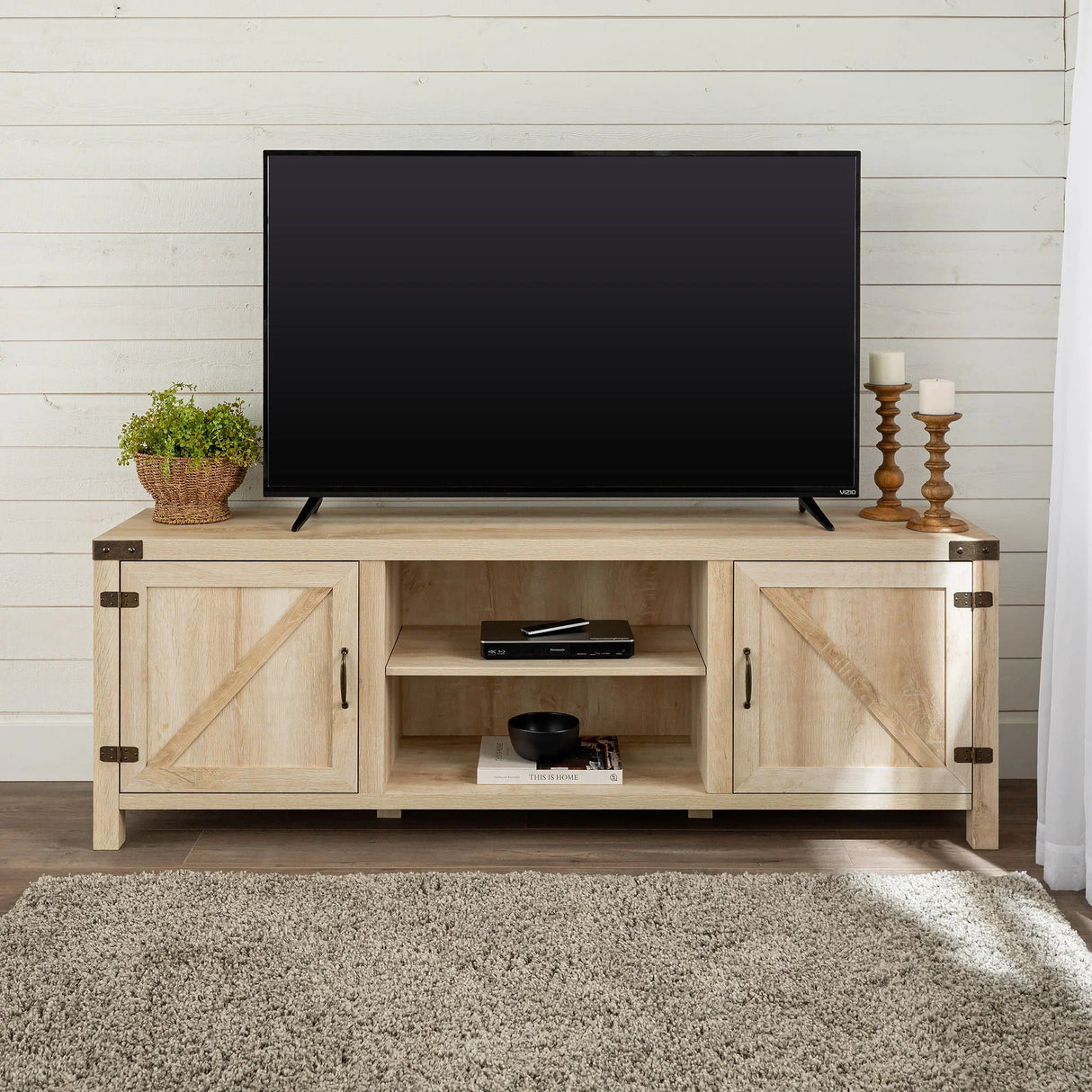 Rustic Farmhouse Double Barn Door 70" TV Stand For 80" TVs With Center Shelves - Furniture Home Direct