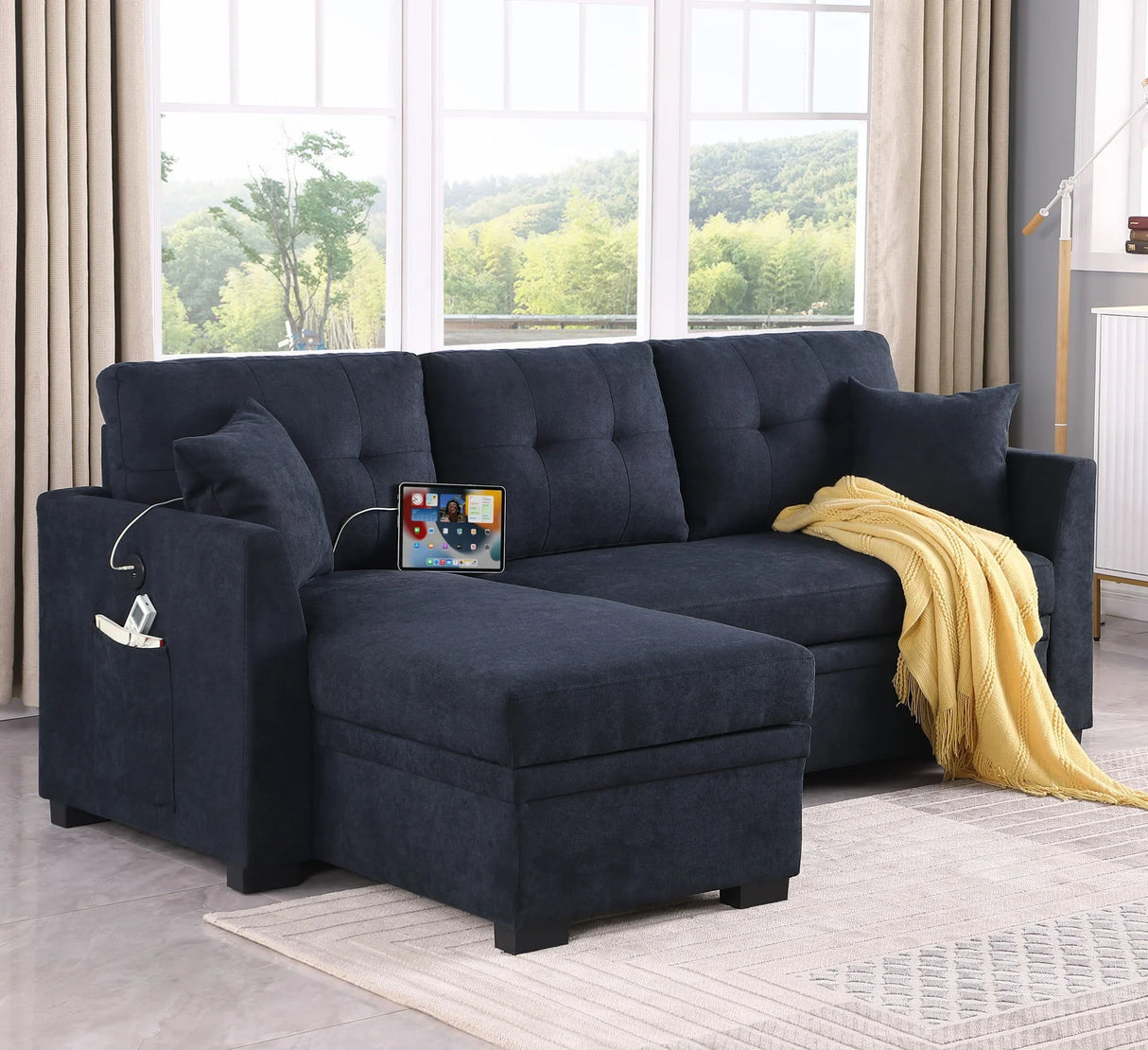 Sectional Sofa Bed L Shaped Sofa Couch Bed With USB Port, Reversible Chaise With Storage - Furniture Home Direct