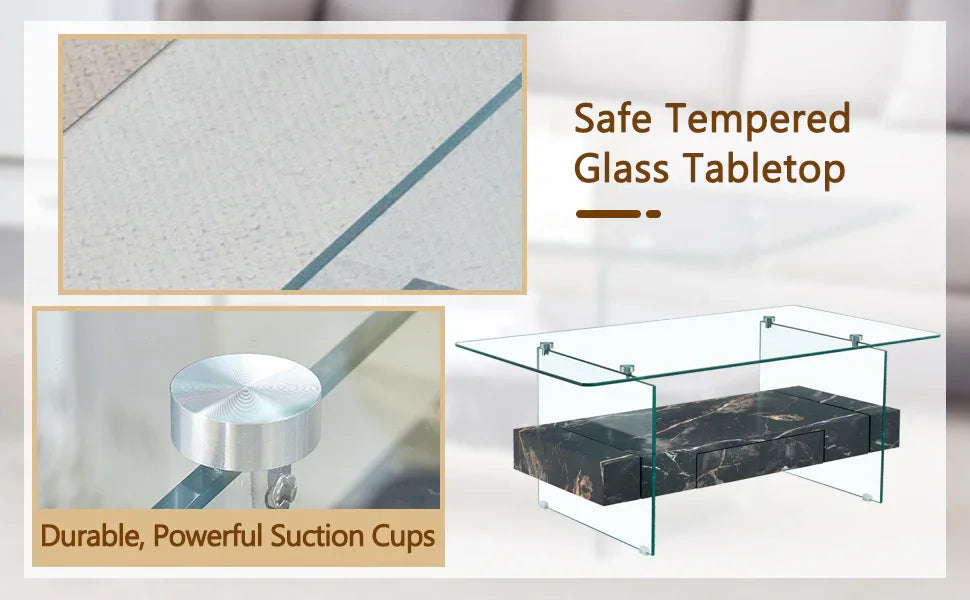 Coffee Table Two-Tier Glass With Solid Marble Base Black - Furniture Home Direct