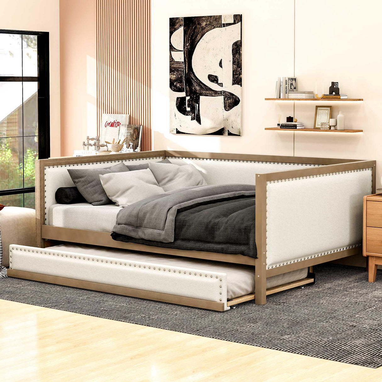 Full Size Daybed With Trundle And Nailhead Decoration - Wood - Furniture Home Direct