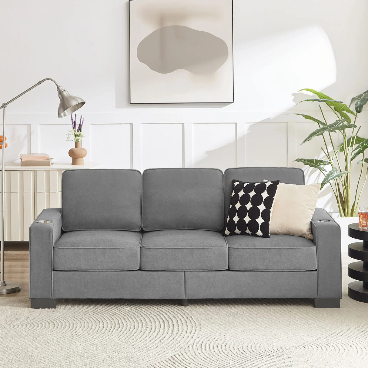 Modern Snowfleece Fabric 3 Seater Sofa With Cup Holder - Furniture Home Direct
