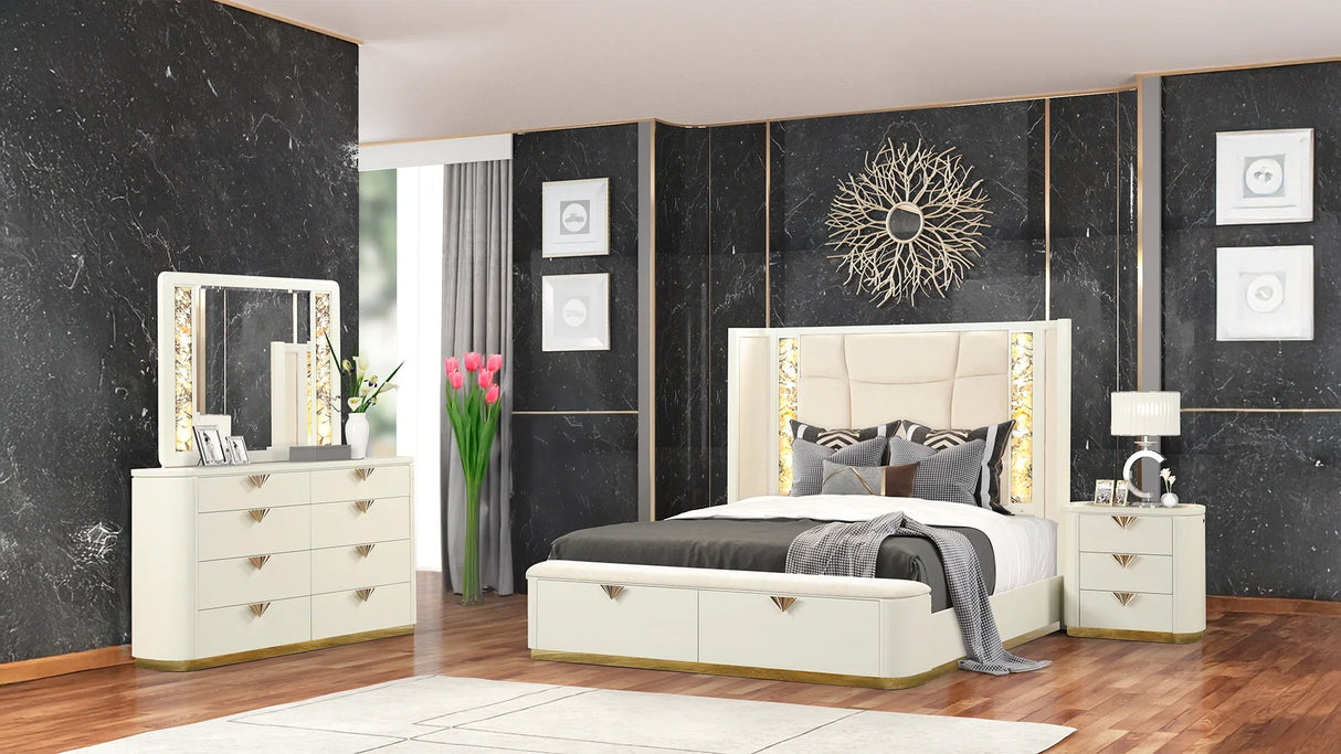 Queen Bedroom Set Modern Upholstered 4 Piece Soft Beige - Furniture Home Direct
