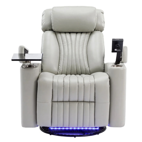 270° Power Swivel Recliner Home Theater Chair With Hidden Arm Storage, LED Light, Cup Holder, And Tray Table - Furniture Home Direct