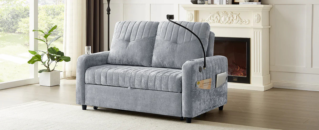 Sleeper Sofa With Adjustable Backrest, Two Cup Holders, Phone Holder, Three Charging Ports And Side Storage Pockets - Gray - Furniture Home Direct