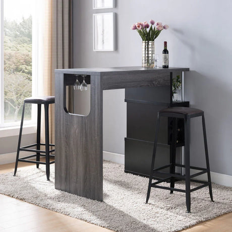 Home Bar Table With Wine Glass Compartment And Three Shelves - Distressed Gray / Black - Furniture Home Direct