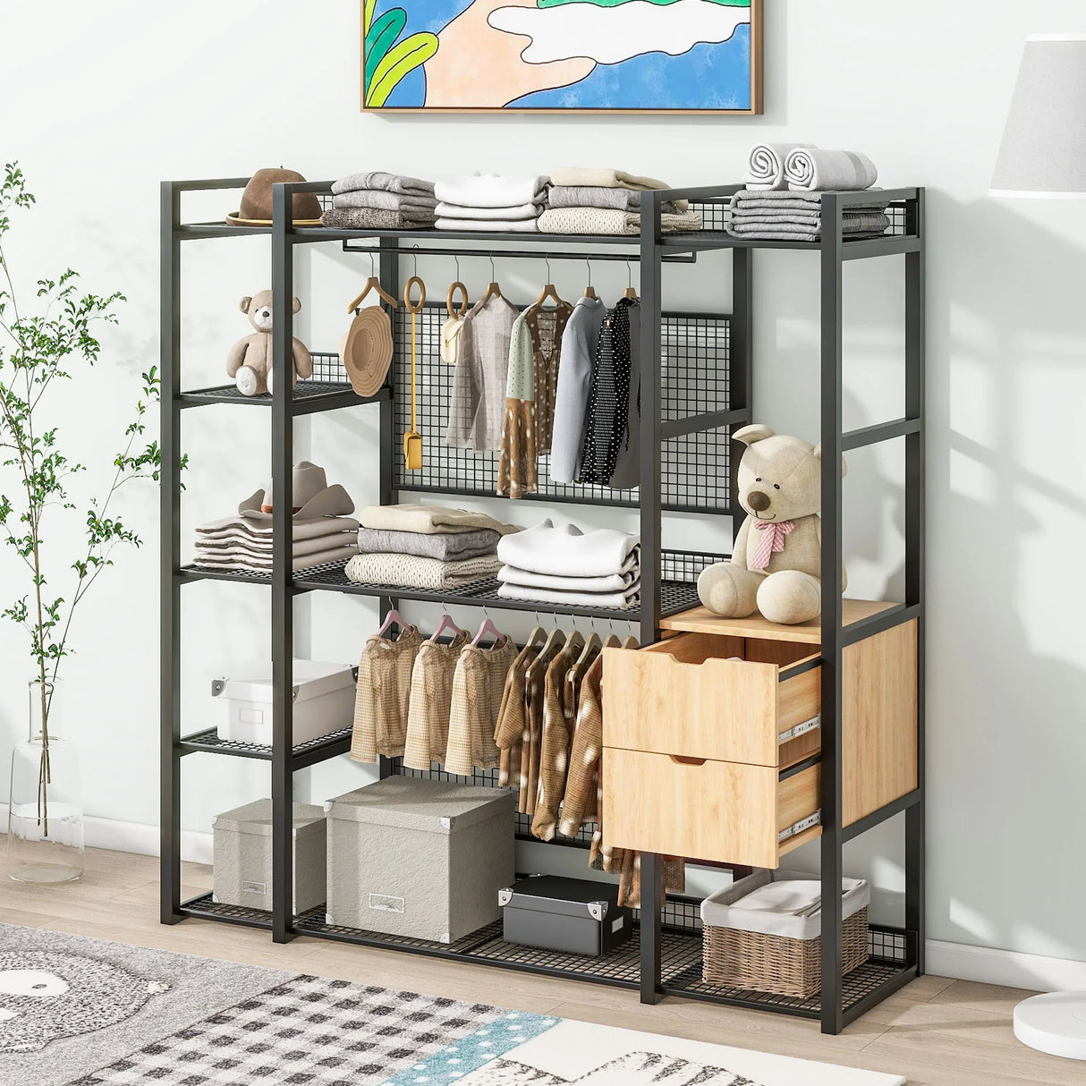 Open Style Wardrobe With Hanging Rails, Shelves And Drawers - Furniture Home Direct