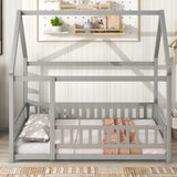 Floor Wooden Bed With House Roof Frame, Fence Guardrails - Furniture Home Direct