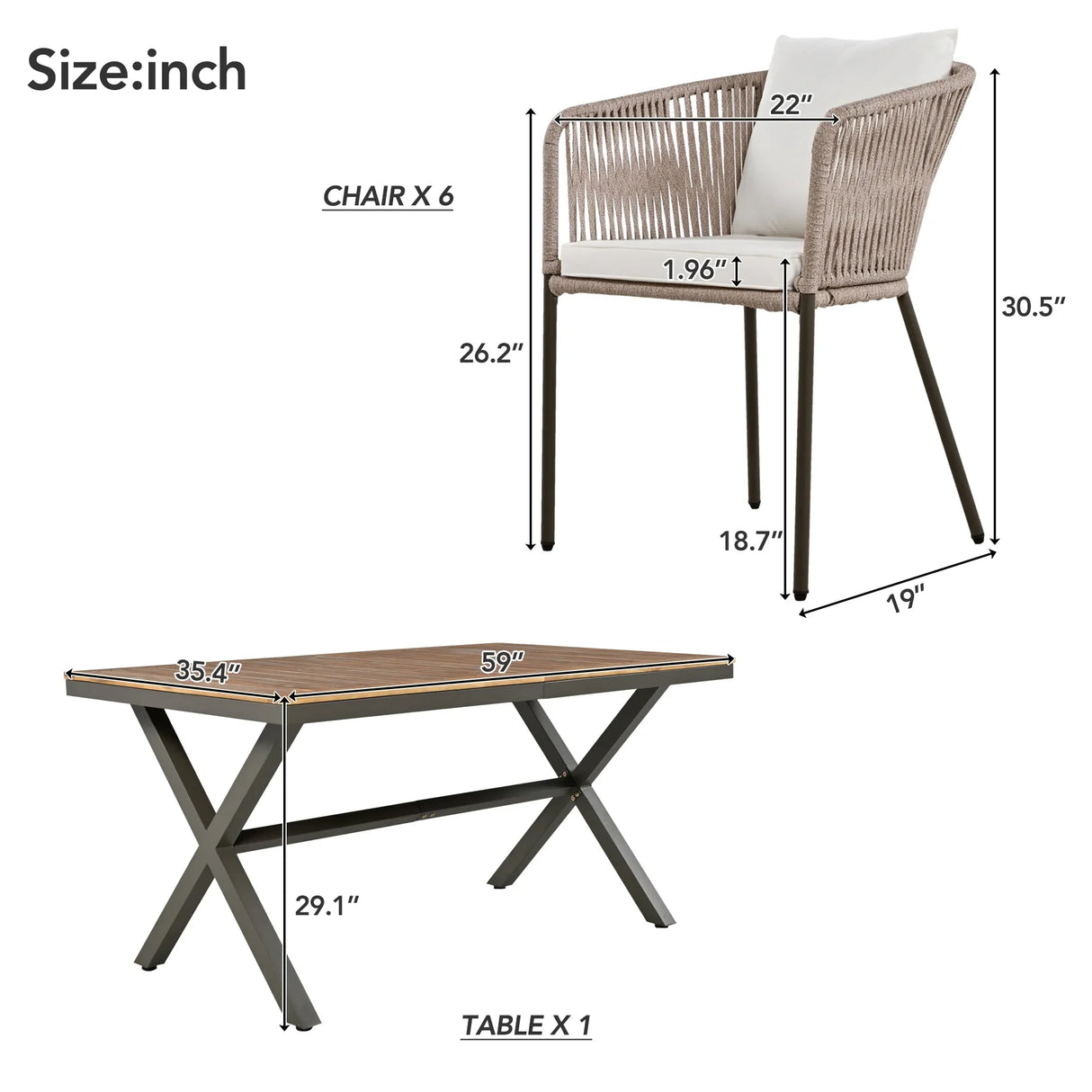 7 Piece All-Weather Patio Dining Set with Acacia Wood Tabletop and Metal Frame - Beige - Furniture Home Direct