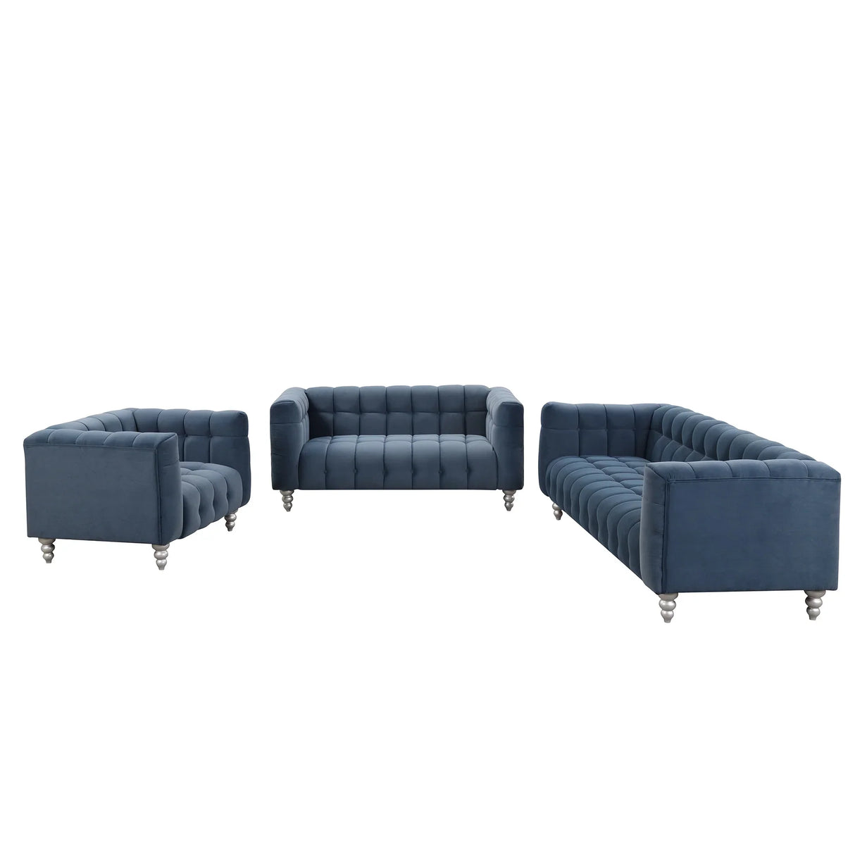 Modern 3-Living Room Set Including Sofa, love seat and Chair with solid wood legs, buttoned tufted backrest - Blue - Furniture Home Direct