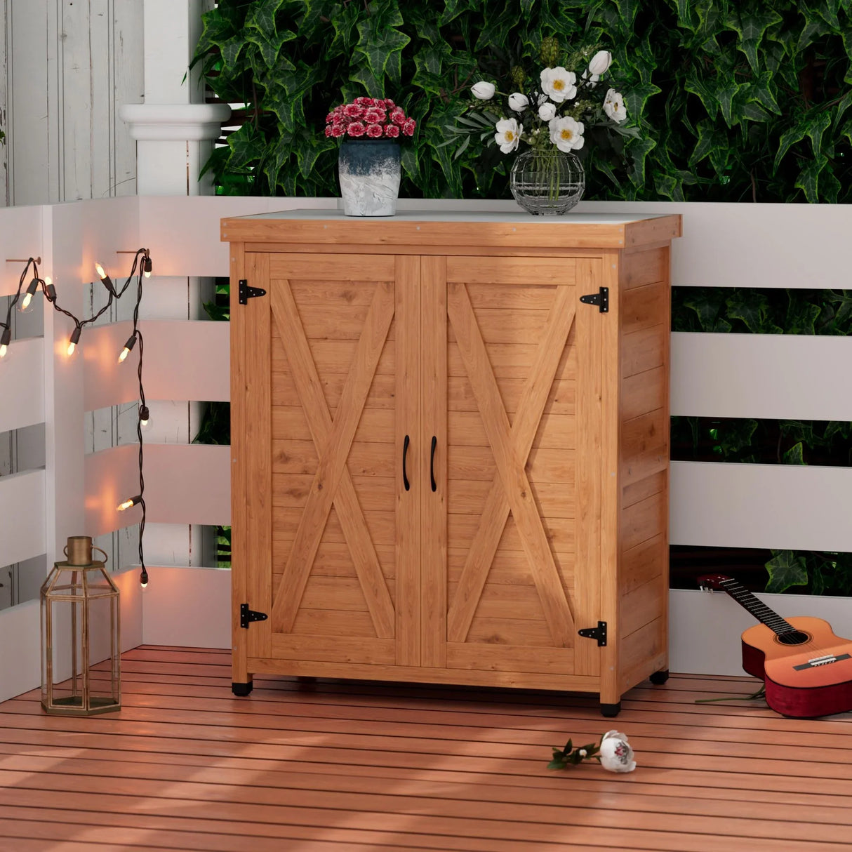 Rustic Cedar Potting Bench With Storage Cabinet And Metal Table Top For Outdoor Patio - Light Brown - Furniture Home Direct