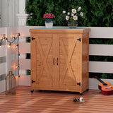Rustic Cedar Potting Bench With Storage Cabinet And Metal Table Top For Outdoor Patio - Light Brown - Furniture Home Direct