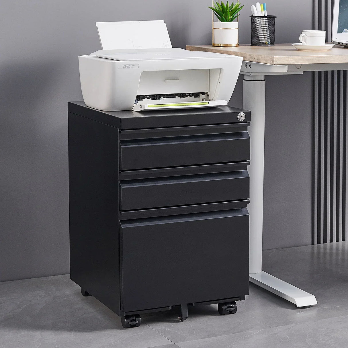 Contemporary Black 3 Drawer Mobile Filing Cabinet With Lock, Metal Office Storage For Legal / Letter Size - Furniture Home Direct