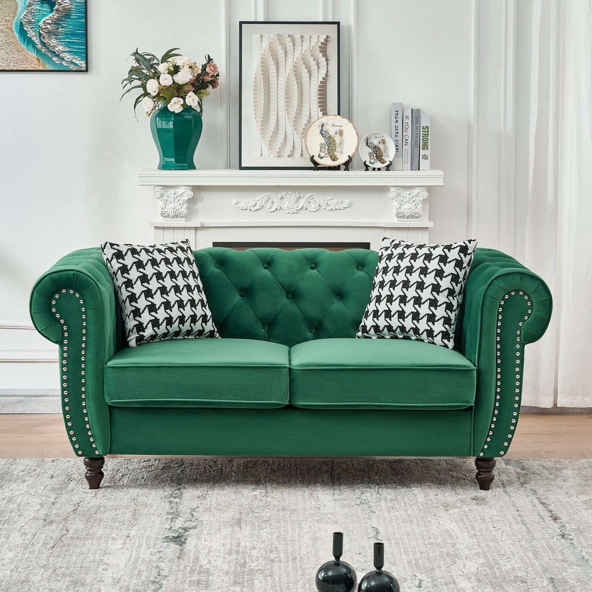 Chesterfield Velvet Fabric Sofa With Roll Armrest And Nailhead, Mid Century 2 Seater Couch