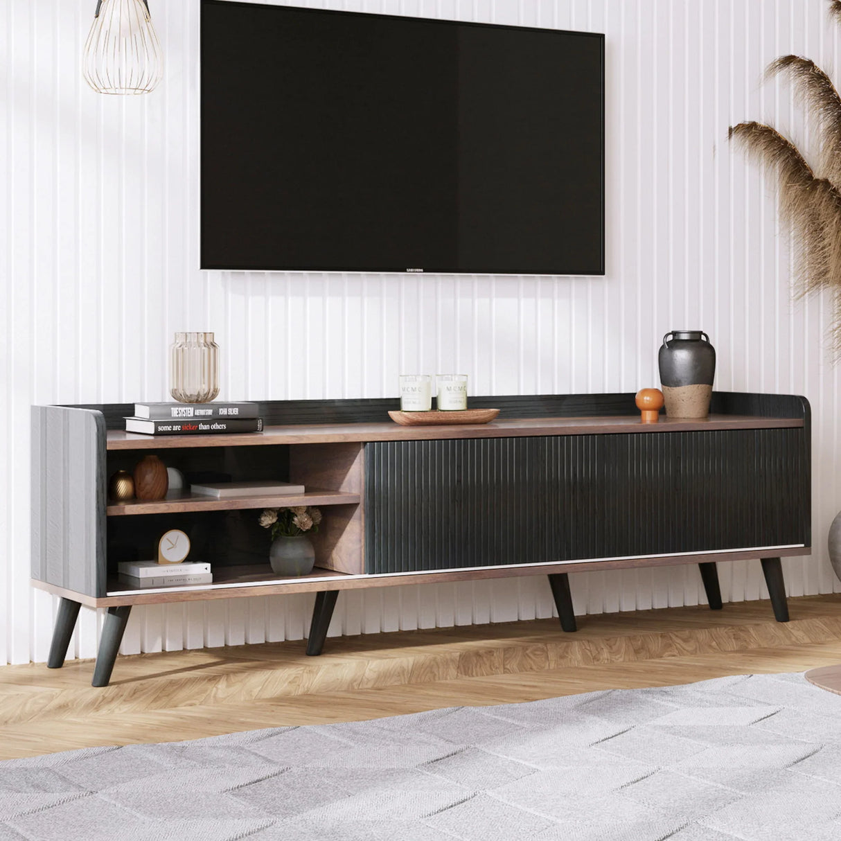 Mid Century TV Stand With 2 Storage Compartments For Tvs Up To 70'' - Dark Coffee / Black - Furniture Home Direct