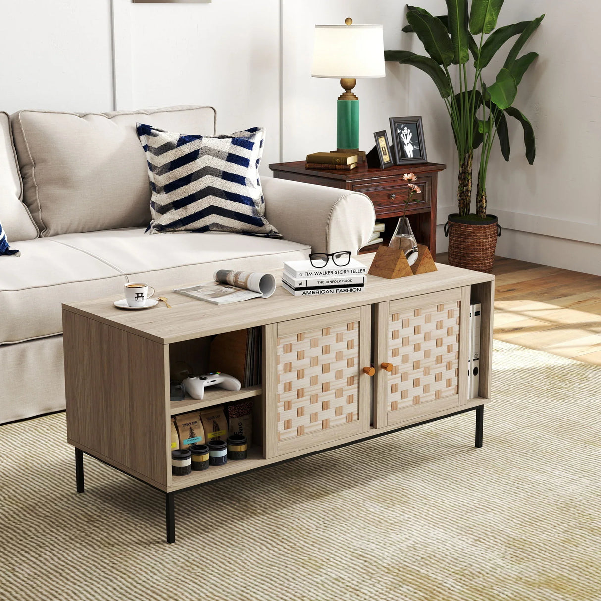 Elegant Veener Weaving Design Coffee Table With 4 Sliding Doors - Natural Wood - Furniture Home Direct