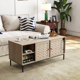 Elegant Veener Weaving Design Coffee Table With 4 Sliding Doors - Natural Wood - Furniture Home Direct