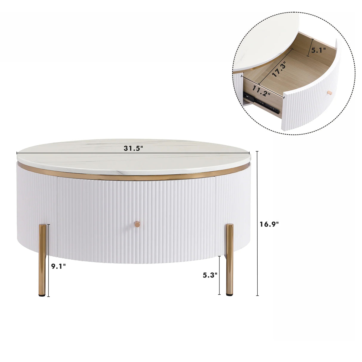 Round Coffee Table with Drawers and Gold Accents White - Furniture Home Direct