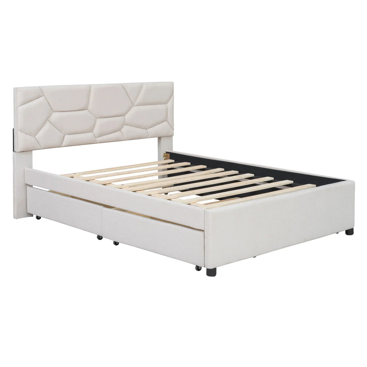 Upholstered Platform Bed With Brick Pattern Headboard And Twin Long Size Trundle - Furniture Home Direct