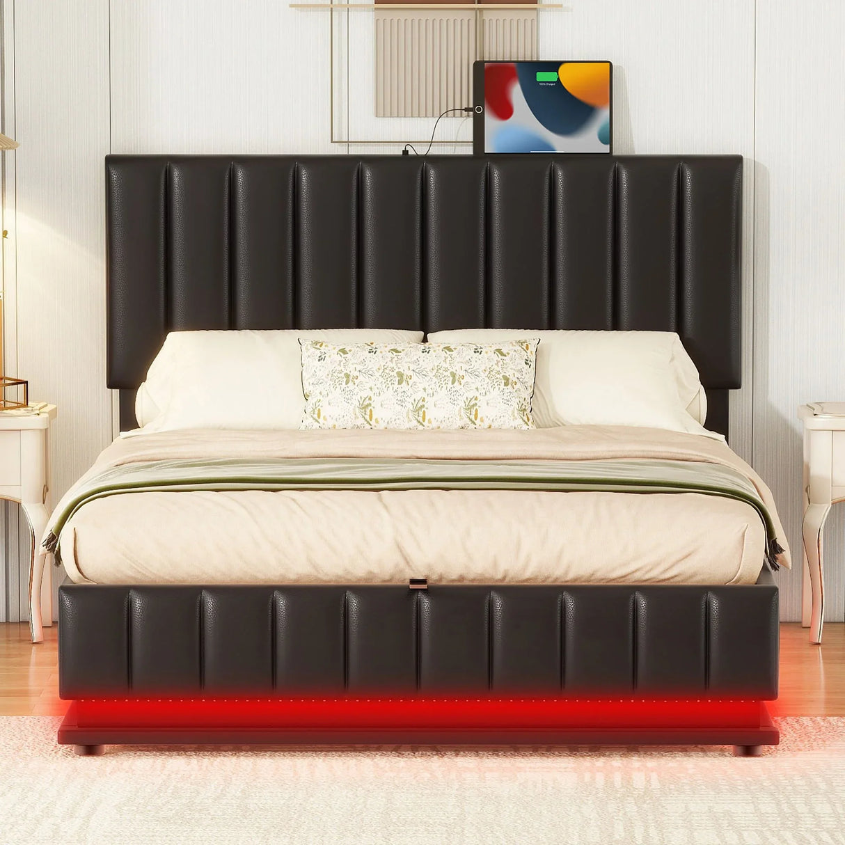 Upholstered Bed With Hydraulic Storage System And LED Light, With Sockets And USB Ports - Furniture Home Direct
