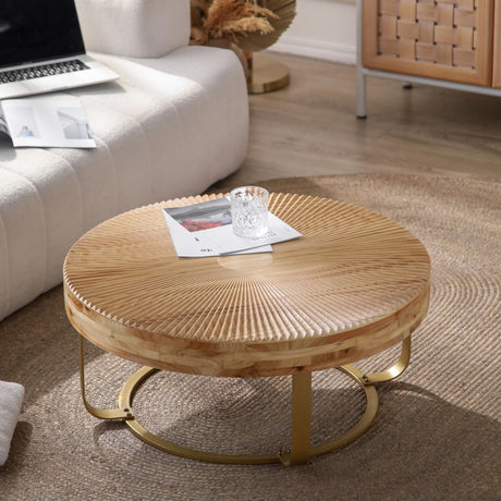 Coffee Table Round Carved Sunburst Top Natural Gold - Furniture Home Direct